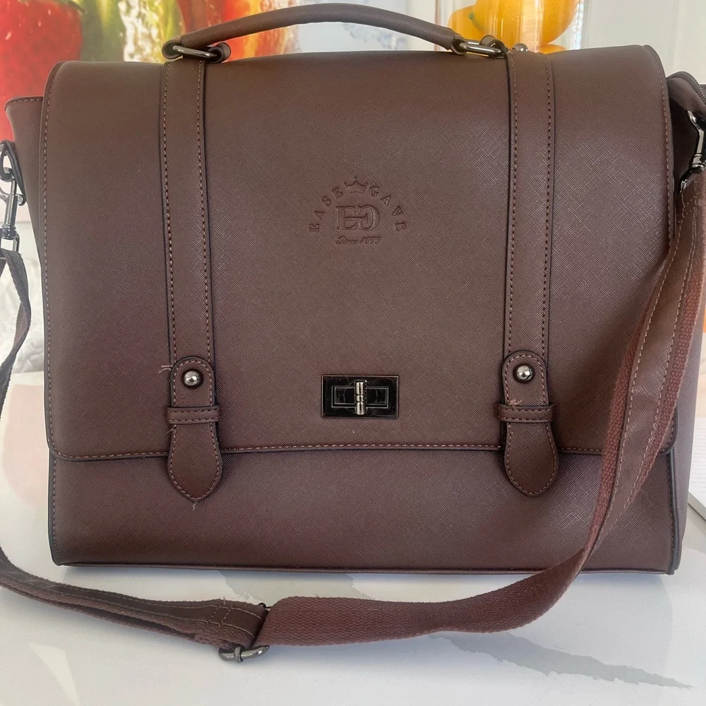 Brown Leather Briefcase with Adjustable Straps and Top Handle